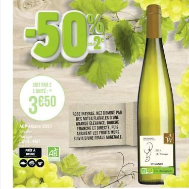 SOIT PAR 2 L'UNITE:  3650  AOP Alsace 2021 Syar  PRET A  BOIRE  OOO  AB  -50%  ROBE INTENSE. NEZ DOMINE PAR DES NOTES FLORALES D'UNE GRANDE ELEGANCE. BOUCHE FRANCHE ET DIRECTE, PUIS ARRIVENT LES FRUIT