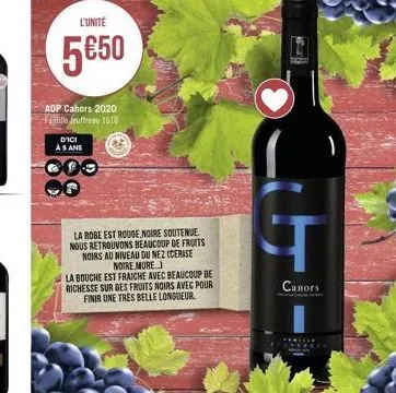 l'unité  5€50  d'ici  as ans  aop cahors 2020 ville jouffreau 1610  la robe est rouge noire soutenue. nous retrouvons beaucoup de fruits noirs au niveau du nez cerise notre mure  la bouche est fraiche