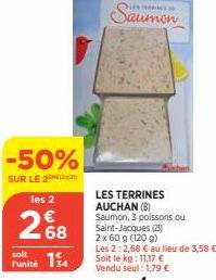 -50%  SUR LE 2  les 2  268  soit  Punité 14  LES TERRINES AUCHAN (B) Saumon, 3 poissons ou Saint-Jacques (25)  2 x 60 g (120 g)  Les 2:2,68 € au lieu de 3,58 € Soit le kg: 11,17 € Vendu seul: 1,79 € 