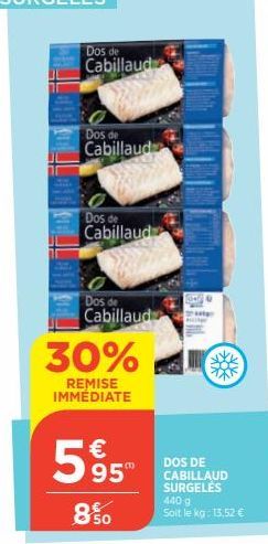 Dos de  Cabillaud  Dos de  Cabillaud  30%  REMISE IMMÉDIATE  Dos de Cabillaud  Dos de  Cabillaud  850  € 95  DOS DE CABILLAUD SURGELÉS 440 g Soit le kg: 13,52 € 