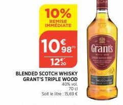 10%  REMISE IMMEDIATE  1098  12. 20  BLENDED SCOTCH WHISKY GRANT'S TRIPLE WOOD  40% vol.  70 cl  Soit le litre : 15,69 €  Grants 