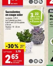 succulentes en coupe osier  la plante: 3.79 € les 2 plantes au choix: 6,44 € soit 3,22 € la plante  10 cm hauteur: 13-22 cm 07149  -30% 3.79  sur la  lay plante  2.65  la-plante  au choix  3.22  ●turb