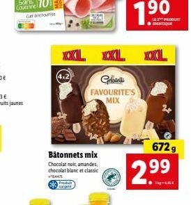 Get aletaute  (4x2)  Produt target  Bâtonnets mix  Chocolat noir, amandes, chocolat blanc et classic 754475  Gelotelli  FAVOURITE'S MIX  19  XXL  2.99  ●445  LE PRODUIT IDENTIQUE  672 g 