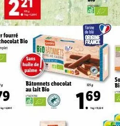 sans  huile de  palme  sonder  biobatonnets  rede canne  bâtonnets chocolat au lait bio  w5014783  143  farine de blé origine france  125g  1.69  tkg-1,52 € 