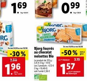 Du mr 24/08 mar 30/08  -30%  2.80  BIO  BjORG  ORG.  FOURRES GANHE  Bjorg fourrés au chocolat noisettes Bio  Le produit de 225 g: 3,15 € (1 kg-14 €) Les 2 produits: 4,72 € (1 kg = 10,49 €) soit l'unit