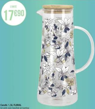 L'UNITÉ  17690  Carafe 1,5L FLORAL  En verre avec bouchon en bambou 