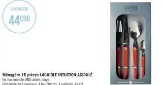 la menagere  44690  ménagère 16 pièces laguiole intuition acidule en inox manche abs coloris rouge. composée de 4 couteaux, 4 fourchettes, 4 cuillères, 4 café  lant 