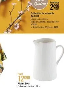 collection de vaisselle sakura  en porcelaine deca  existe en assiette à dessert 2090  o assiette plate 025,5cm 3490  12690  pichet 90cl  en falence-hauteur: 17cm 