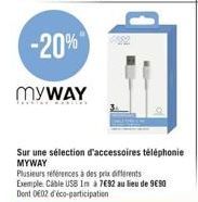 -20%  MYWAY  Sur une sélection d'accessoires téléphonie MYWAY  Plusieurs références à des prix différents Exemple Cable USB In à 7€32 au lieu de 9€90 Dont 002 d'éco-participation 