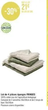 sincere  lot de 4 pièces éponges fringes 100% coton issu de l'agriculture biologique composé de 2 serviettes 50x100cm et de 2 draps de bain 70x140cm  plusieurs coloris disponibles 