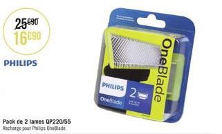 25.690 16090  PHILIPS  Pack de 2 lames QP220/55 Recharge pour Philips OneBlade.  PHILIPS 2  Onellade  OneBlade 