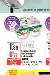 sur vote compte polite  -30%  9220  origine  1,89 france 0,57  fromage blanc  la faisselle arians  1,32 le pack 4 pots x 100 g  le kg: 4,72 €  suggestion de présentation  