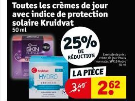 SKIN NEW  Kat  HYDRO  Toutes les crèmes de jour avec indice de protection solaire Kruidvat  50 ml  25%  DE RÉDUCTION Exemple de prix:  crème de jour Peaux normales SPF15 Hydro 50 ml  LA PIÈCE  3.4⁹ 26