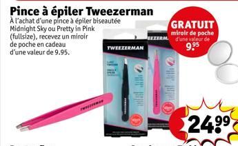 Pince à épiler Tweezerman  À l'achat d'une pince à épiler biseautée Midnight Sky ou Pretty in Pink (fullsize), recevez un miroir de poche en cadeau d'une valeur de 9.95.  PWEEZEEMA  TWEEZERMAN  GRATUI