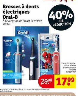 Oral-B  Oral-B  Brosses à dents électriques Oral-B  À l'exception de Smart Sensitive White.  Oral  Exemple de prix: brosse à dents électrique pour enfants Spider-Man  29⁹⁹ 179⁹ 