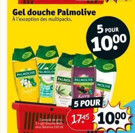 IND  PALMOLIVE PALMOLIV  Exemple de prix: 5x get douche Well ness Balance 250 ml  Gel douche Palmolive À l'exception des multipacks.  Baloner  PALMOL PALMOLIVE  5 POUR  100⁰  MOLIVE  Kerru  5 POUR  17