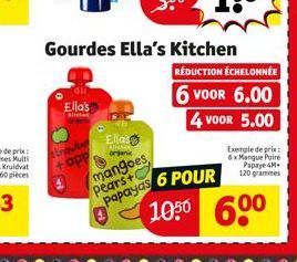 Ella's  Kitche  strawbe  Gourdes Ella's Kitchen  Ella's  organic  mangoes, pears+  Papayas POUR  RÉDUCTION ÉCHELONNÉE  6 VOOR 6.00  4 VOOR 5.00  Exemple de prix: 6x Mangue Poire Papaye 4M 120 grammes 