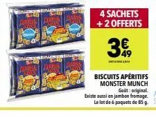 4 sachets + 2 offerts  349  lave  biscuits apéritifs monster munch goût:original  existe aussi en jambon fromage le lot de 6 paquets de 85 