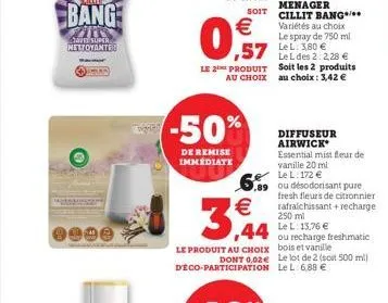 -50%  de remise immédiate  3,44  diffuseur airwick  essential mist fleur de vanille 20 ml le  6.9 ou désodorisant pure  variétés au choix le spray de 750 ml  fresh fleurs de citronnier rafraichissant 