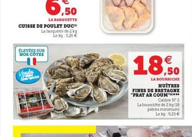 ÉLEVÉES SUR NOS CÔTES  Vendu Greeks  € ,50  LA BOURRICHE  HUITRES  FINES DE BRETAGNE "PRAT AR COUM  Calibre N° 2  La bourriche de 2 kg (18 pièces minimum) Le kg: 9,25 € 