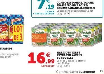 Lustucru  LOT  DE 3  €  16,99  COMPOTES POMME/POMME FRAISE/POMME POIRE/  LE PACK Le pack de 48 coupelles (soit 4,8 kg) € CARTE U DÉDUITS Le kg 1,87 €  Bonduelle Bonduelle Bonduelle Bonduelle HAROTTS  