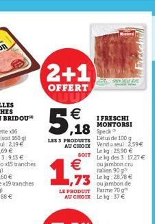 2+1  OFFERT  5  €  LES 3 PRODUITS AU CHOIX  SOIT  € 1,73  LE PRODUIT AU CHOIX  Montor  I FRESCHI MONTORSI  SACK LA  ww  L'étui de 100 g. Vendu seul: 259 € Le kg: 25,90 € Le kg des 3:17,27 € ou jambon 