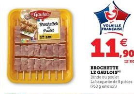 Gauteris Brachetter Poulet  BROCHETTE LE GAULOIS  VOLAILLE FRANÇAISE  11,90  LE KG  Dinde ou poulet La barquette de 8 pièces (760 g environ) 