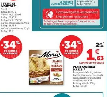 -34%  de remise immediate  marie  lasagnes ala bolognaise  unimin  le produit € carte u deduits  www  commerçants autrement  engagement ressources  emballage à base de papier et/ou carton issu de forê