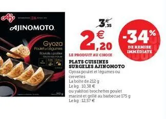 114  ajinomoto  gyoza  poulegumes rovspolier  €  1,20  le produit au choix  plats cuisines  ,35  surgeles ajinomoto  gyoza poulet et légumes ou crevettes  la boite de 212 g  lekg. 10,38 €  ou yakitori