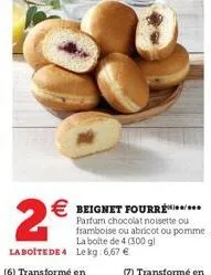 2€  la boite de 4  € beignet fourre  parfum chocolat noisette ou framboise ou abricot ou pomme la boite de 4 (300 gl lekg: 6,67 € 