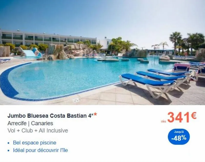jumbo bluesea costa bastian 4**  arrecife | canaries  vol + club + all inclusive  . bel espace piscine  • idéal pour découvrir l'île  341€  jusqu'à  -48% 