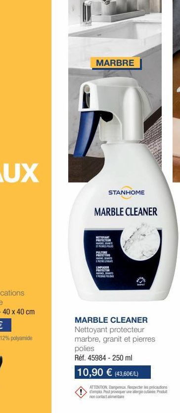 MARBRE  STANHOME  MARBLE CLEANER  NETTOYANT PROTECTEUR HAS GRAN ESPRES  PULITOR PROTETTI  PROGRA  PICT  LIMPIADOR PROTECTOR TRASPAS  MARBLE CLEANER Nettoyant protecteur marbre, granit et pierres polie