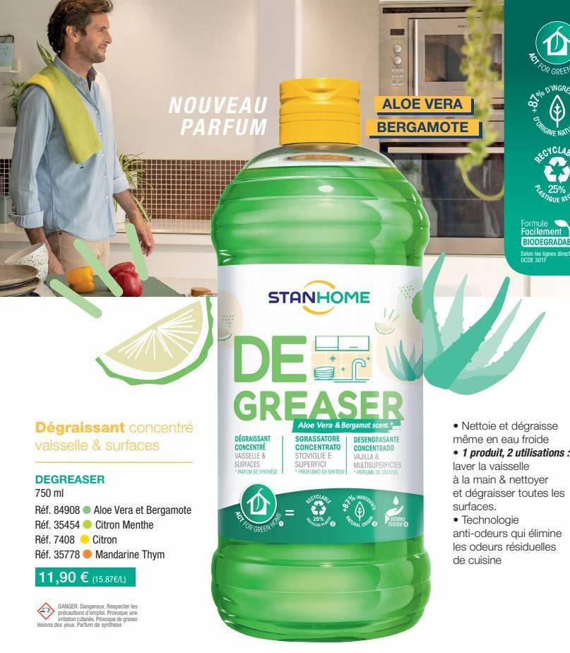 Dégraissant concentré  vaisselle & surfaces  DEGREASER  750 ml  Réf. 84908  Réf. 35454  Réf. 7408  Réf. 35778  11,90 € (15.87€/L)  NOUVEAU PARFUM  Aloe Vera et Bergamote Citron Menthe  Citron  Mandari