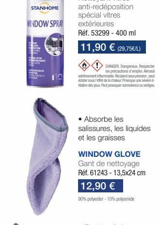 STANHOME  WINDOW SPRAY  W  ART  N  VERE  INTE  ITALES  DANGER. Dangereux. Respecter  les précautions d'emploi. Aérosol  extrêmement inflammable. Récipient sous pression peut éclater sous l'effet de la