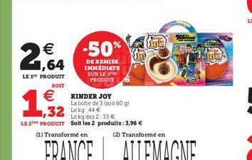 2,64  €  LE 1 PRODUIT  -50%  DE REMISE IMMEDIATE SUR LE 2 PRODUIT  SOIT  € KINDER JOY  La boite de 3 (soit 60 g)  ,32 Lekg: 44 €  Le kg des 2:33 € LE 2 PRODUIT Soit les 2 produits: 3,96 € (1) Transfor