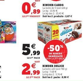 2,⁹99  delice  €  5,99 -50%  DE REMISE IMMEDIATE SUR LE 2 PACK  LE 1 PACK SOIT  €  KINDER CARDS  La boite de 5 (soit 128 g)  ,89  Le kg: 13,91 €  Le kg des 2:10,43 € LE 2 PRODUIT Soit les 2 produits: 