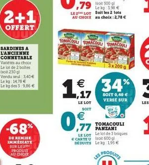 (2+1)  offert  sardines a l'ancienne connetable variétés au choix le lot de 2 boltes (soit 230 g)  -68%  de remise immédiate sur le 2 produit au choix  pul  (1)  1  79 500g  le kg 3,98 € le 2 lot soit