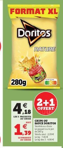 FORMAT XL  Doritos  280g  LES 3 PRODUITS AU CHOIX  SOIT  €  4,18  €  1,39  NATURE  LE PRODUIT AU CHOIX  Dontos  2+1  OFFERT  CHIPS OU SAUCE DORITOS Variétés au choix Le paquet ou le pot  de 280 g Vend