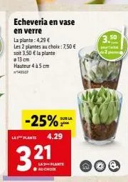 echeveria en vase  en verre  la plante: 4,29 €  les 2 plantes au choix: 7,50 €  soit 3,50 € la plante a 13 cm  hauteur 4 à 5 cm 42507  -25% la plante 4.29  321  la plante auchodk  sur la  3.50 