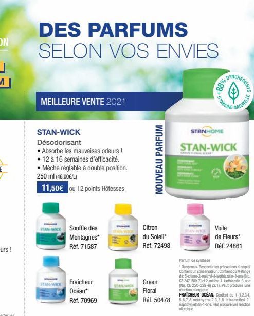 DES PARFUMS SELON VOS VOS ENVIES  MEILLEURE VENTE 2021  STAN-WICK  Désodorisant  • Absorbe les mauvaises odeurs ! • 12 à 16 semaines d'efficacité. • Mèche réglable à double position. 250 ml (46,00€/L)