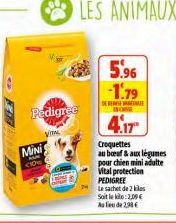 Pedigree  VITAL  MINI  5.96 -1.79  DE REMEM  4.17  Croquettes  au boeuf& aux légumes pour chien mini adulte Vital protection PEDIGREE Le sachet de 2 klas Soit le : 2,09 € Au lieu de 2,98 € 