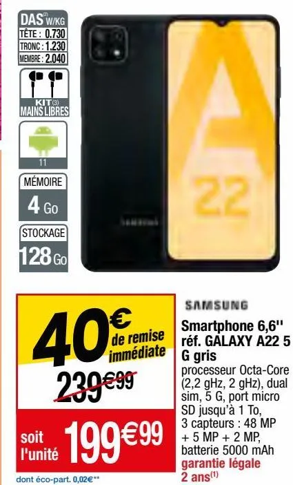 smartphone 6.6" réf. galaxy a22 5g gris