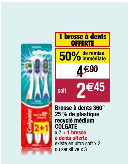 brosse à dents 360° 25% de plastique recyclé médium Colgate