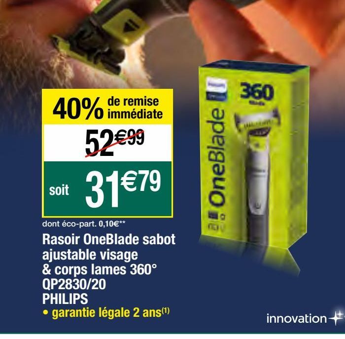rasoir oneblade sabot ajustable visage & corps lames 360° QP2830/20 Philips