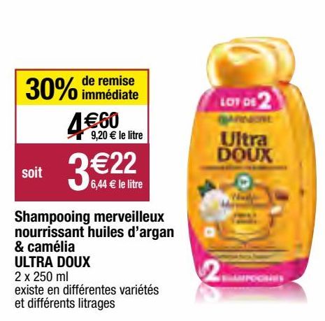 shampoing merveilleux nourrissant huiles d'argan & camélia Ultra doux 