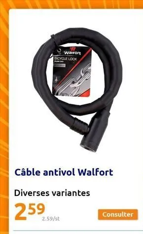 wairort bicycle lock  câble antivol walfort  diverses variantes  25⁹259/t  2.59/st  