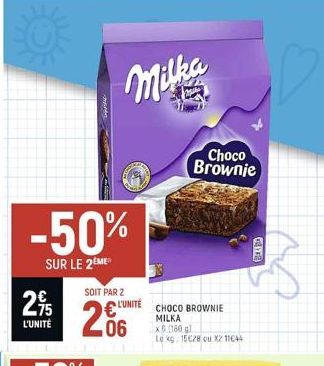 -50%  SUR LE 2EME  29/5  L'UNITÉ  SOIT PAR 2  2.06  Milka  L'UNITÉ  Choco Brownie  CHOCO BROWNIE MILKA x6 (180 gl  Le kg: 15€28 ou X2 11€44 
