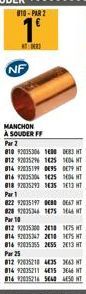 NF  MANCHON À SOUDER FF Par 2  010 92035304 1400 0683 HT 812 92035296 1425 1404 HT 814 92035199 DE95 DE79 HT  014 92035304 1625 1604 HT 818 92035293 1435 113 HT Par 1 822 92035197 828 92035346 Par 10 