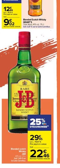 1299  89  LeL: 18,41 € Prix payé encaisse Solt  9%₂2  Triple Wood, 40% vol. 70 cl  Remise Fide dedu Soit 3,87 € sur la Carte Carrefour.  Blended Scotch Whisky GRANT'S  JeB  JUSTER St. Jame  se  RARE  