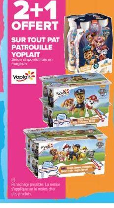 2+1  OFFERT  SUR TOUT PAT PATROUILLE YOPLAIT  Selon disponibilités en magasin  Yoplait  You  Panachage possible. La remise s'applique sur le moins cher des produits. 